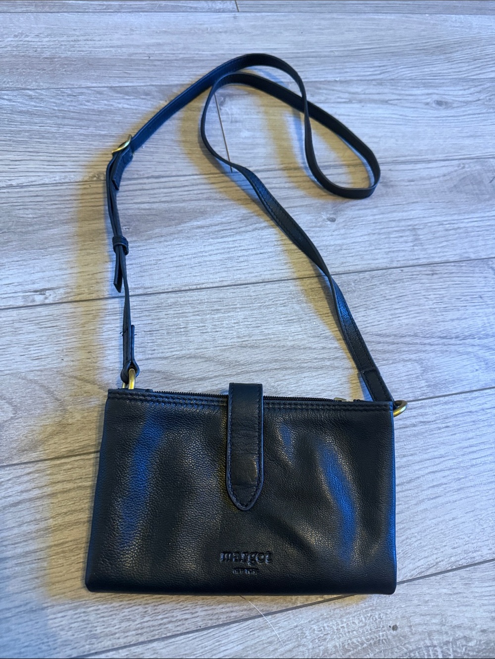 Perfect Margot black leather gold hardware small crossbody